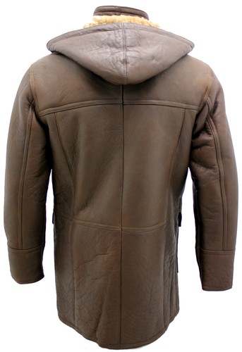 RUFUS Men's Brown Shearling Sheepskin Leather Detachable Hood Duffle Coat - Picture 6 of 7