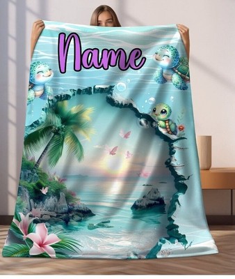 Turtles Ocean Scene custom Name gift blanket 3D ocean design , Hawaiian Themed
