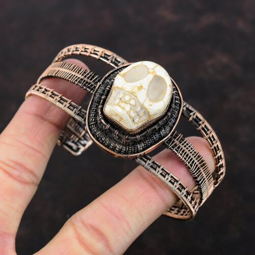 Copper Howlite Gemstone Wire Wrapped Skull Face Crown Chakra New Bangle Bracelet - Picture 3 of 6