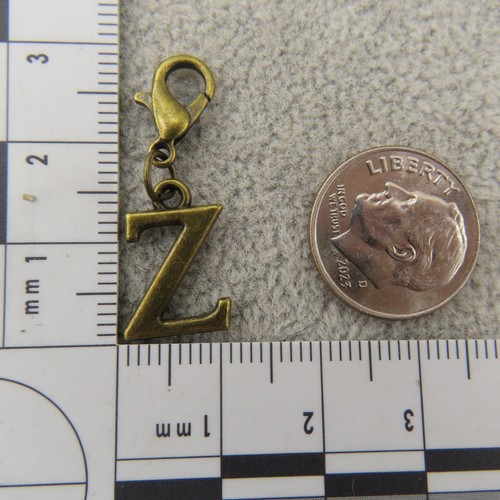 Initial CAPITAL LETTER Z Charm Zipper Pull Keychain Add On Clip Antique Bronze - Picture 4 of 8