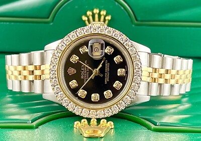 Rolex Ladies Datejust 26mm Watch 18kGold & Steel ICED 1.75ct Diamonds Black Dial