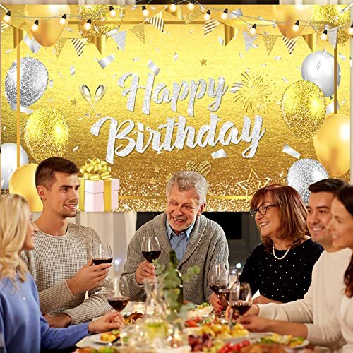 Gold Silber Happy Birthday Banner Party Hintergrund Deko Fotohintergrund - Bild 6 von 7