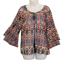 I.N. Studio Blouse Womens PM Bell Sleeve Lace Up Neck Red Blue Ikat Semi Sheer