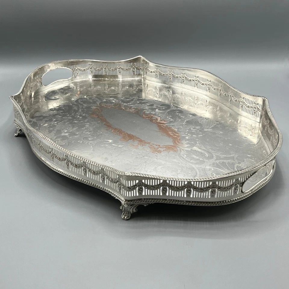 GRANDE Bandeja de Servir Galería Plato de Plata Elegante Forma Pies Manijas Antigua Foto 4 de 4