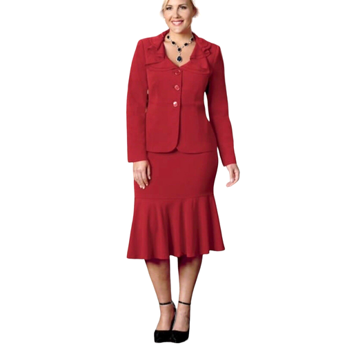 size 8 Red Ruffle Collar Monroe & Main Trumpet Hem Skirt Set Career Party Suit - Picture 1 of 19