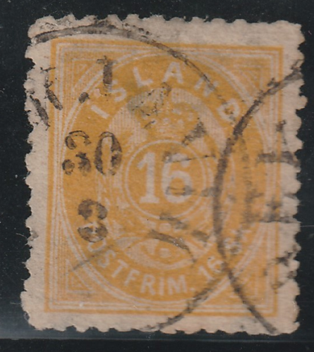 ICELAND 16 Sk. yellow 1873, perforated 12½, authentic cancel, certificate BPP