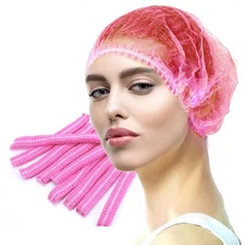 100PCS Pink Disposable Non-Woven Hairnets, Bouffant Caps, Protective 