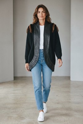 vtg Carter Classics Angora Knit Leather Trim Mink Fur L Cocoon Cardigan black
