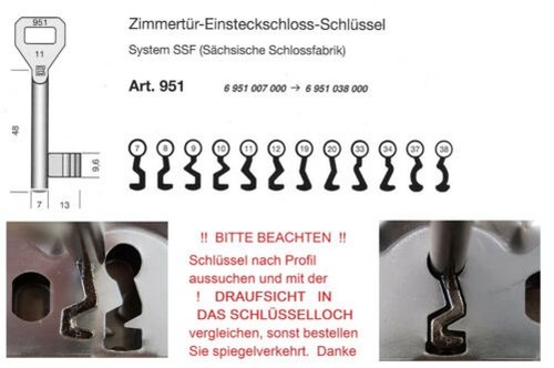 BUNTBARTSCHLÜSSEL Nummer 7 - 38 ZIMMERTÜR EINSTECKSCHLOß SCHLÜSSEL für SSF PEGAU - Bild 1 von 14