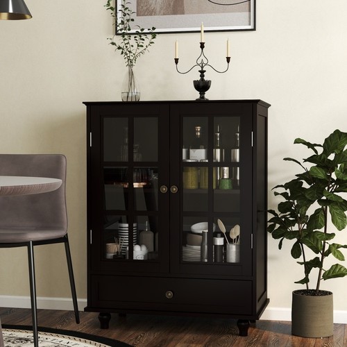 Sideboard Buffet Cabinet with Storage Drawer 2 Glass Doors Wooden Cupboard Black - Picture 5 of 71