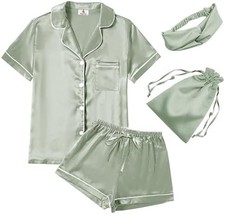 Women's Satin Silky Pajama Set Short Sleeve Floral PJs Loungewear Sage Medium
