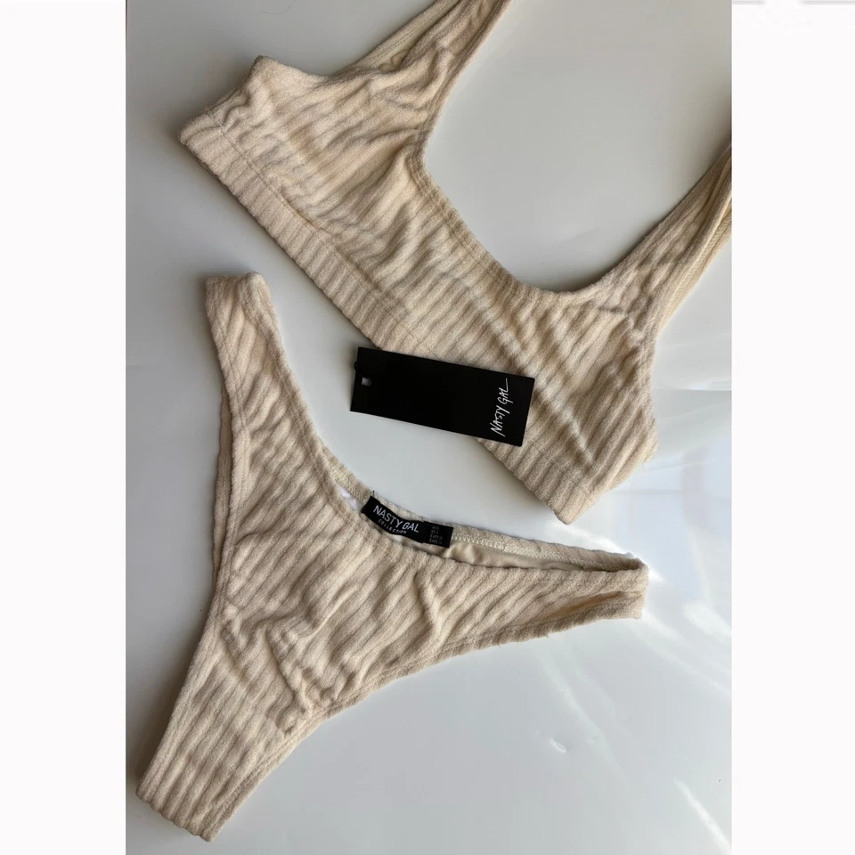 NEW Nasty Gal Toweling Rib Crop Bikini Set Size 4 Sand Beige High Waist Cheeky - Image 2 of 4