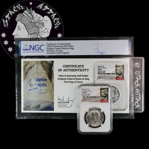 1964 D KENNEDY HALF DOLLAR RARE FDI DISCOVERY BAG NGC MS 64 SALZBERG SIGNED CERT