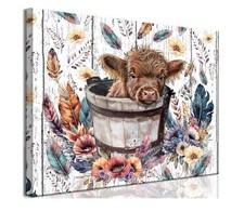 Cute Highland Cow Baby In Bucket Canvas Wall Art Ready To Hang 23 1/2 15 1/2 In
