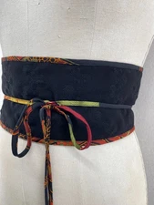 Silk Obi Belt Japanese Corset Wide Sash Wrap Embroidered Adjustable Tie Black