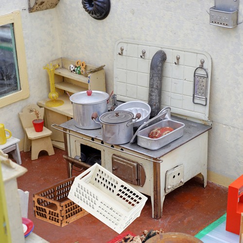 Caja de almacenamiento con marco de madera de 2 piezas decoración de casa de muñecas mini asa cesta de red - Imagen 3 de 12