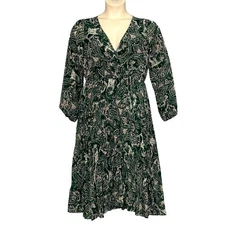 Indigo Rose Womens Dress L Green Paisley Chiffon Pleated Midi Classic Office