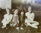 Large Early Mounted Photo Two Young Girls Outside w/ Large Antique Creepy Dolls