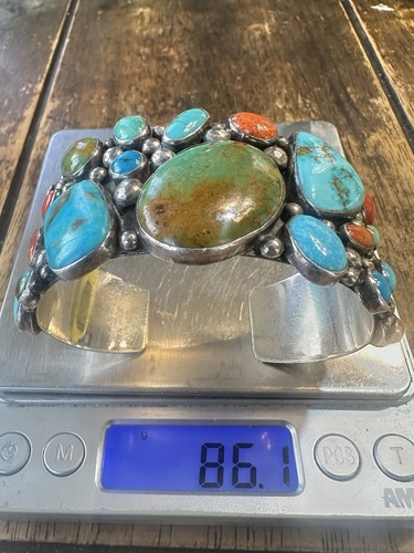Gilo-Grace Nakai Navajo Sterling Silver Abstract Turquoise Cluster Cuff Bracelet - Picture 2 of 14