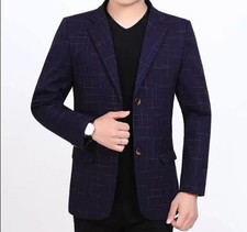 Men's Navy Blue Plaid Blazer Formal Business Casual Party Prom Groom Tuxedo Suit