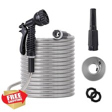 75ft Metal Garden Hose Stainless Steel Heavy Duty Water Hose With 2 Nozzles, ...