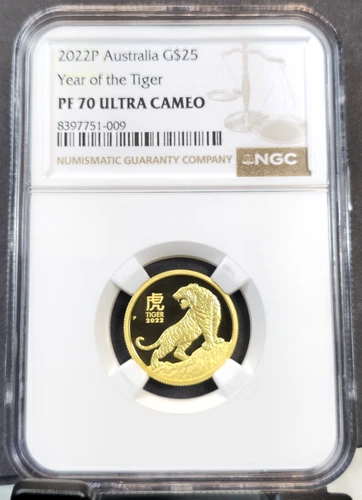 2022 AUSTRALIA GOLD 25 DOLLARS YEAR OF THE TIGER NGC PF 70 ULTRA CAMEO RARE