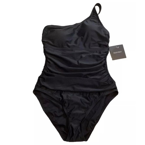 Ellen Tracy Swimsuit Womens 10 Black One Piece One Shoulder Ruched Basic Sexy - Picture 1 of 7