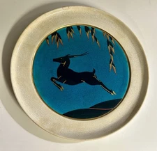 1949 Robertson Hollywood Crackle Plate Los Angeles Pottery Art Deco Gazelle