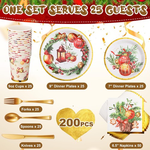200 Pcs Christmas Dinnerware Set Disposable Christmas Paper Plates and Napkin... - Picture 2 of 7