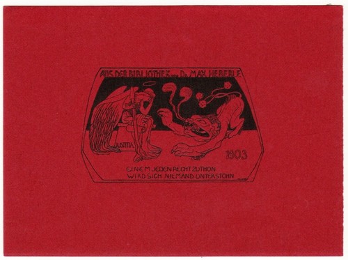 MATHILDE ADE: Exlibris für Max Heberle, Justitia, Fabelwesen