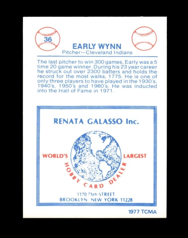 1977 TCMA Renata Galasso Set-Break # 36 Early Wynn NM-MT OR BETTER *GMCARDS* - Image 2 of 2