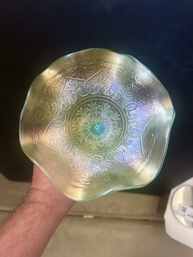 Northwood Carnival Glass Ice Green Hearts & Flowers Compote - Picture 6 of 11