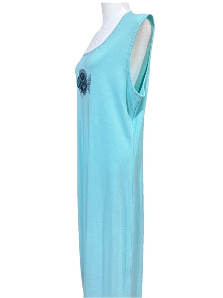 Quacker Factory Aqua Turquoise Maxi Dress Sleeveless Sequin Fish Large - image 2 of 4