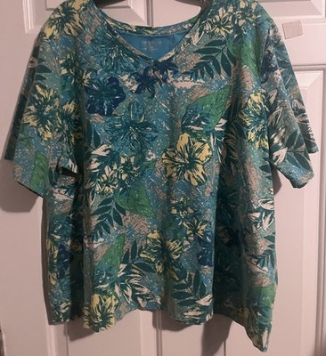18/20 1XL Catherine's  Soft-Washed Tropical Design Short Sleeve Tee Blue/Green