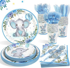 175Pcs Baby Boy Shower Decorations Plates Set for 25 Guests, Elephant Baby Showe