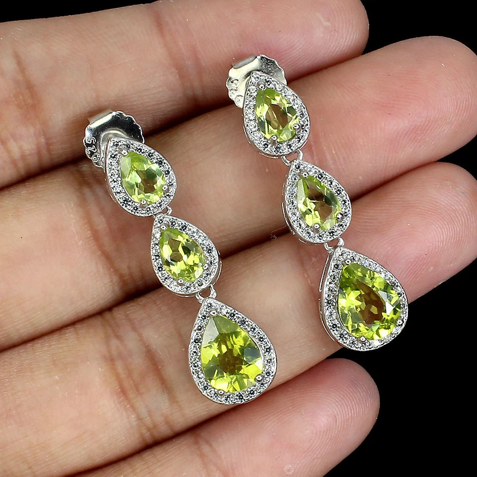 Summer 925 Silver Earrings Pear Peridot 8x6mm Natural Gemstone Jewelry - Image 2 of 4