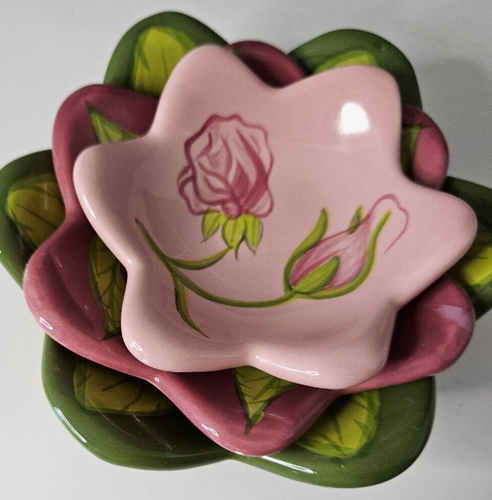 PartyLite Ceramic Candle Plate Set of 3 Roses &Leaves Green Burgundy Pink (Read) - Picture 3 of 11