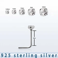 10 Pack 22G CZ Prong Set .925 Sterling Silver L-Shaped Nose Stud Ring