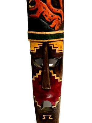 Hand Carved Mask Mayan Mexico Wall Decor Art 24'' Tall Jaguar For Good Health