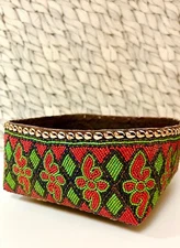 Bamileke Beaded African Basket Cowrie Shell Rimmed; Black; Red & Green