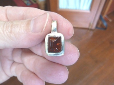 (p18-25) ORANGE Baltic AMBER Poland .925 Sterling SILVER rectangle PENDANT 