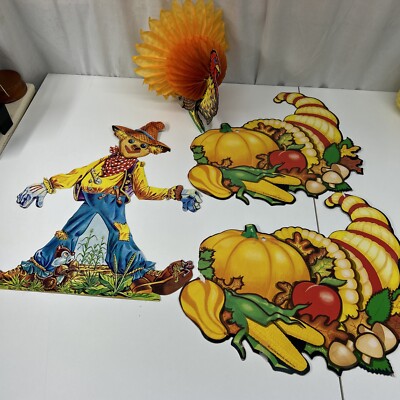 Thanksgiving Fall Die Cut Lot Of 4 70 s Beistle Cornucopia Turkey Scarecrow