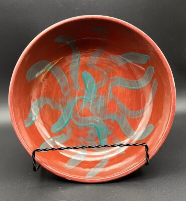 Glazed Handmade STUDIO ART POTTERY Bowl Signed Burnt Orange Turquoise Abstract