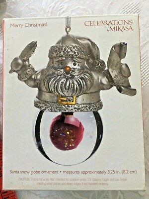 Celebrations Mikasa Christmas Ornament Pewter Santa Snow Globe Original Box
