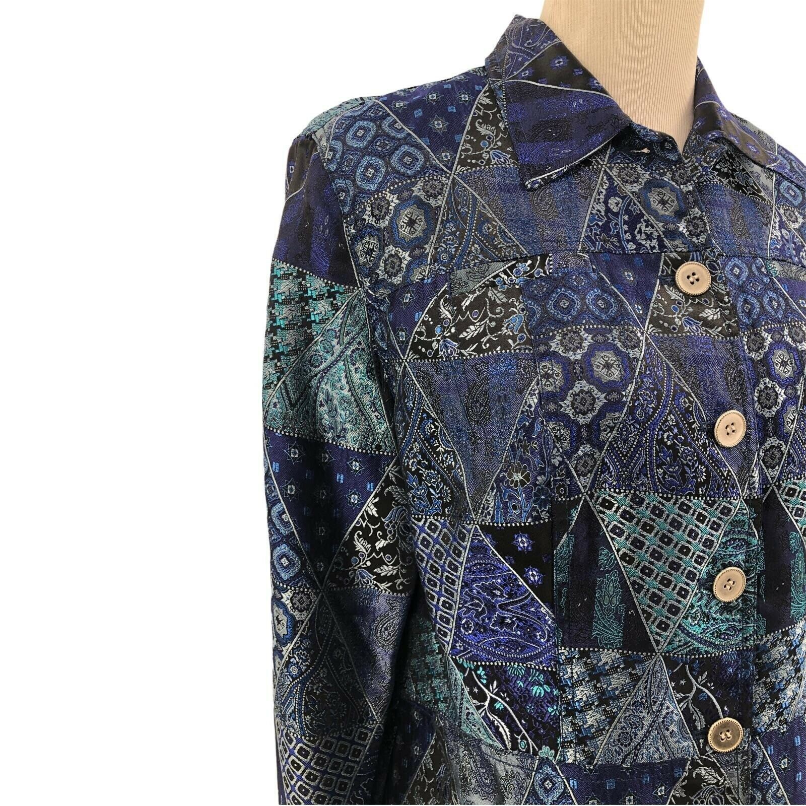 Coldwater Creek Blue Patchwork Pattern Button Fro… - image 3
