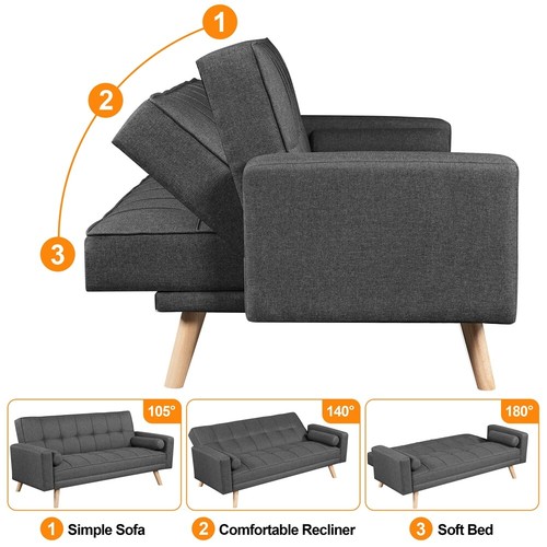 3 Seater Fabirc Sofa Bed Click Clack Living Room Settee Armchair Couches Grey - Picture 20 of 84