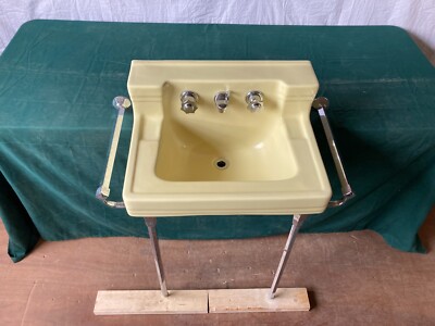 メル29681　0107 ♡ Vtg Mid Century Manchu Yellow Sink Chrome legs Towel Bars Standard