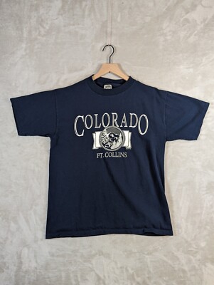 Vintage Colorado Ft. Collins T Shirt Mens L Blue Made in USA Mountains Y2k