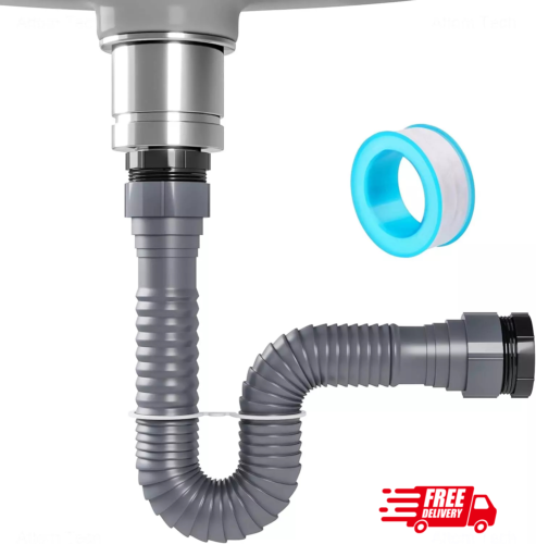Expandable P-Trap Pipe Kit for Kitchen Sink Drain & Disposal (Grey)