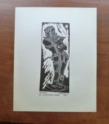 Chittaprosad Bhattacharya Woodcut Print ''APSARA'' FROM KHAJURAHO TEMPLE 1955